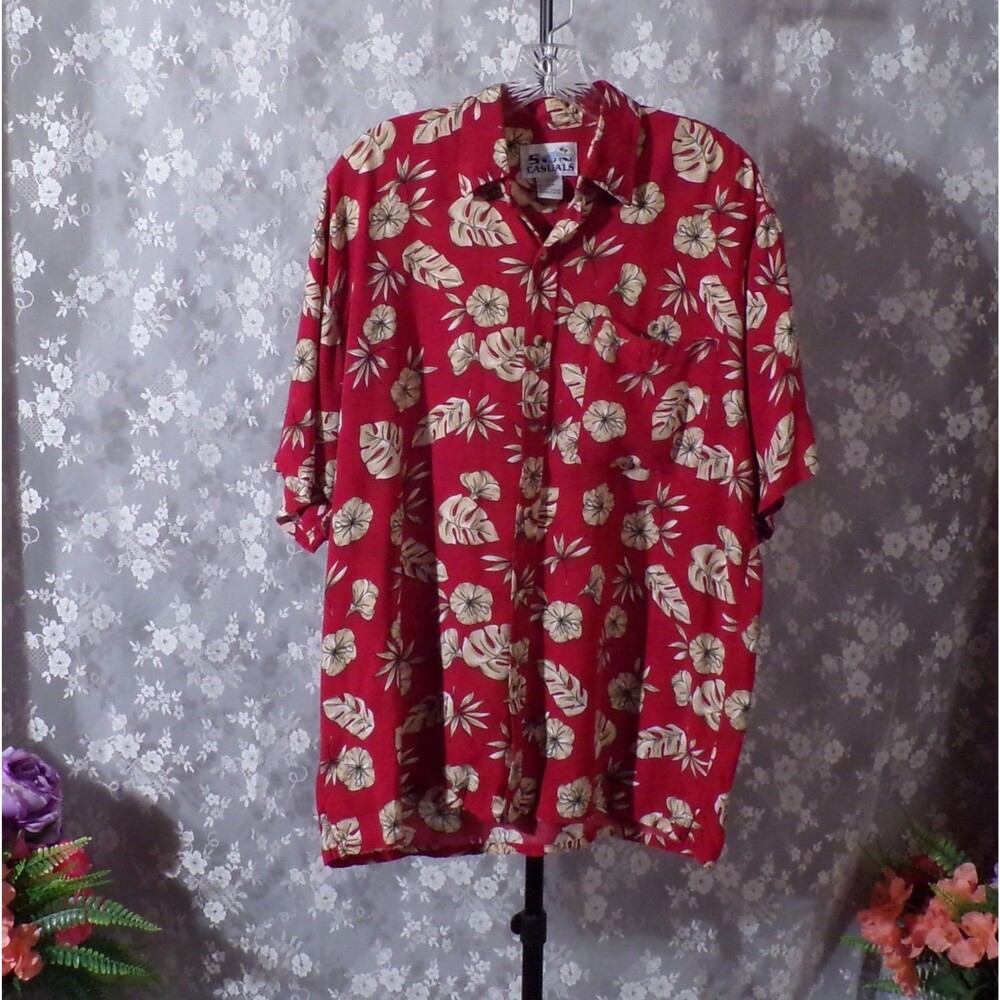 Vintage Hawaiian Shirt Red Hibiscus Floral Print Rockabilly Retro Size Medium